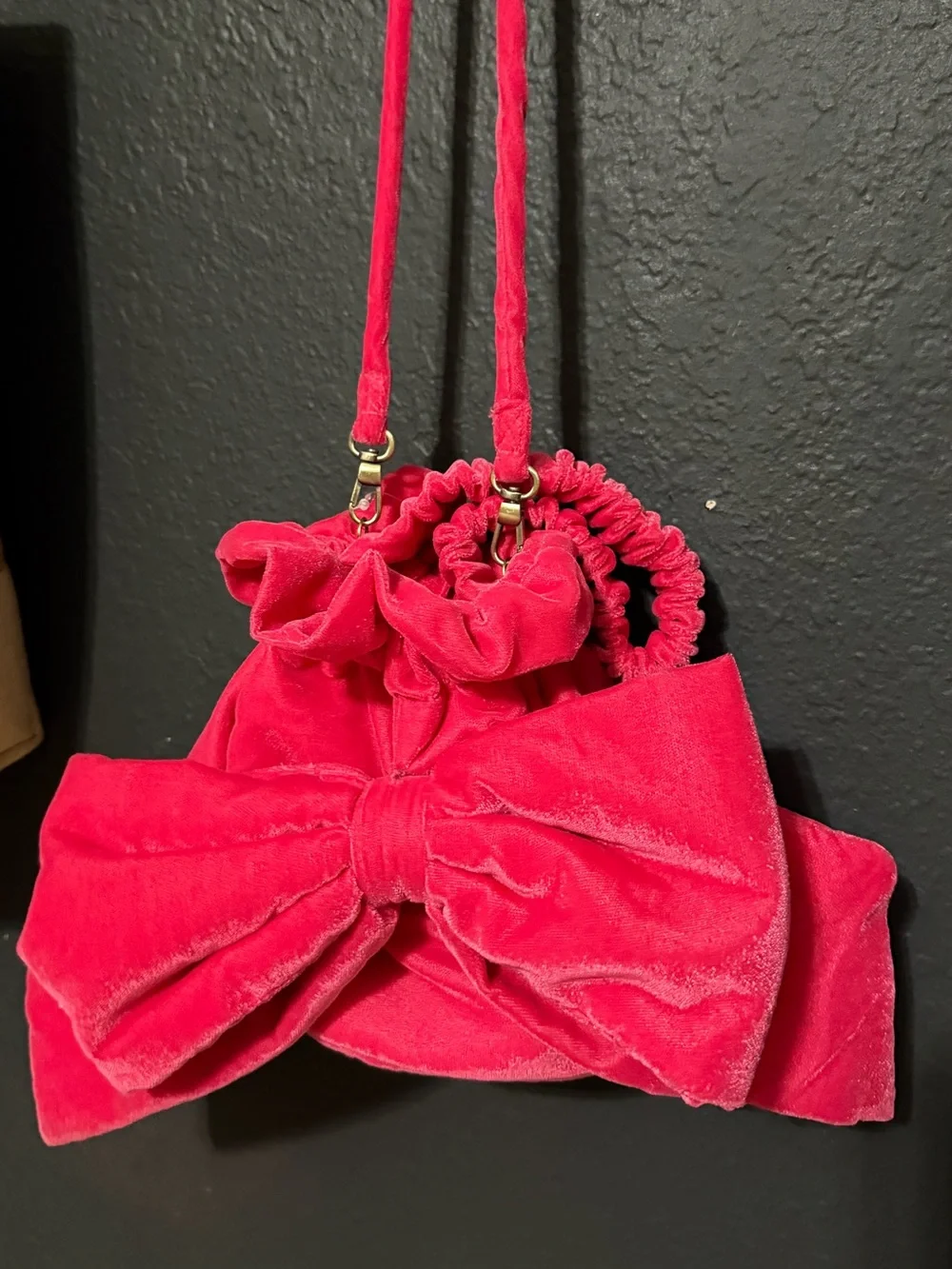 Free People Red Velvet Bow Drawstring Crossbody Bag